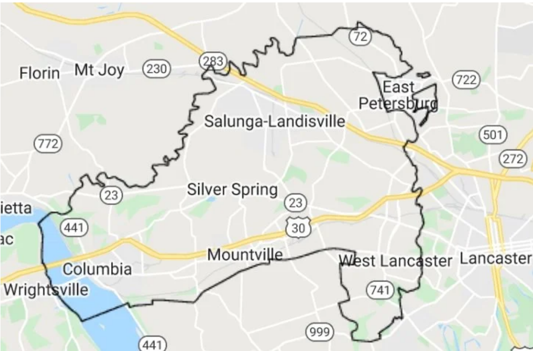 Map of the 41st District covering East Hempfield, West Hempfield, Manor, Mountville, and Columbia